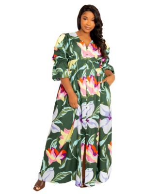 Plus Size Floral Puff Sleeve Maxi Dress