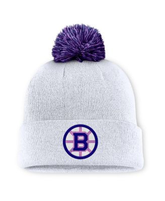 Men's White Boston Bruins Authentic Pro Hockey Fights Cancer Cuffed Pom with Knit Hat
