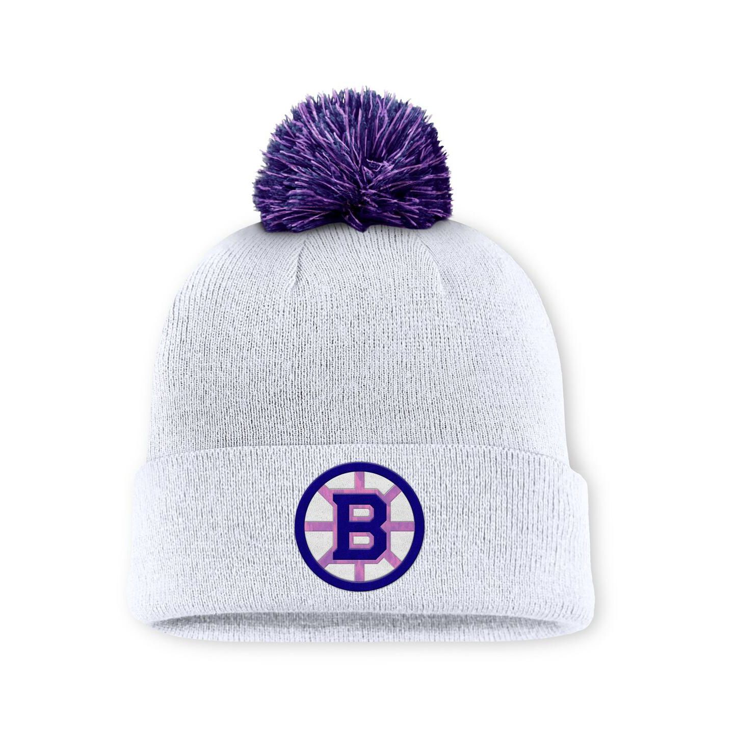 Мужская шапка Fanatics White Boston Bruins Authentic Pro Hockey Fights Cancer Cuffed Pom with Knit Hat — фото 1