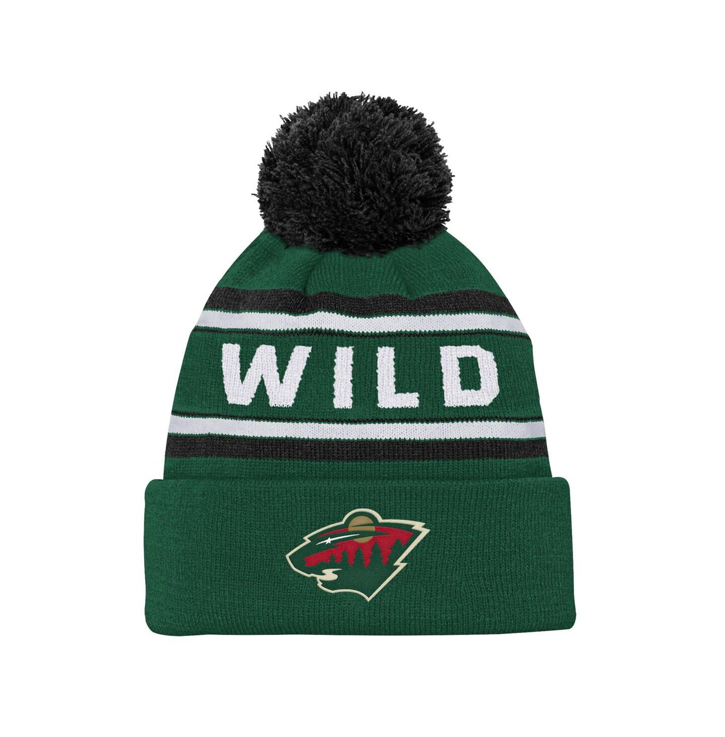 Детская вязаная шапка Outerstuff Minnesota Wild с помпоном, жаккард, зелёная — фото 1
