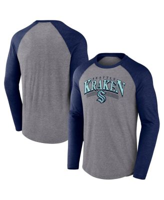 Fanatics - Men's Heather Gray/Heather Deep Sea Blue Seattle Kraken Goal Crease Raglan Tri-Blend Long Sleeve T-Shirt