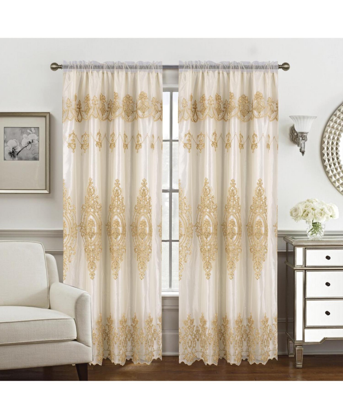 Rt Designers Collection Daisy Embroidery Grommet Curtain Panel With Attached Valance 54" x 84" Beige/Gold