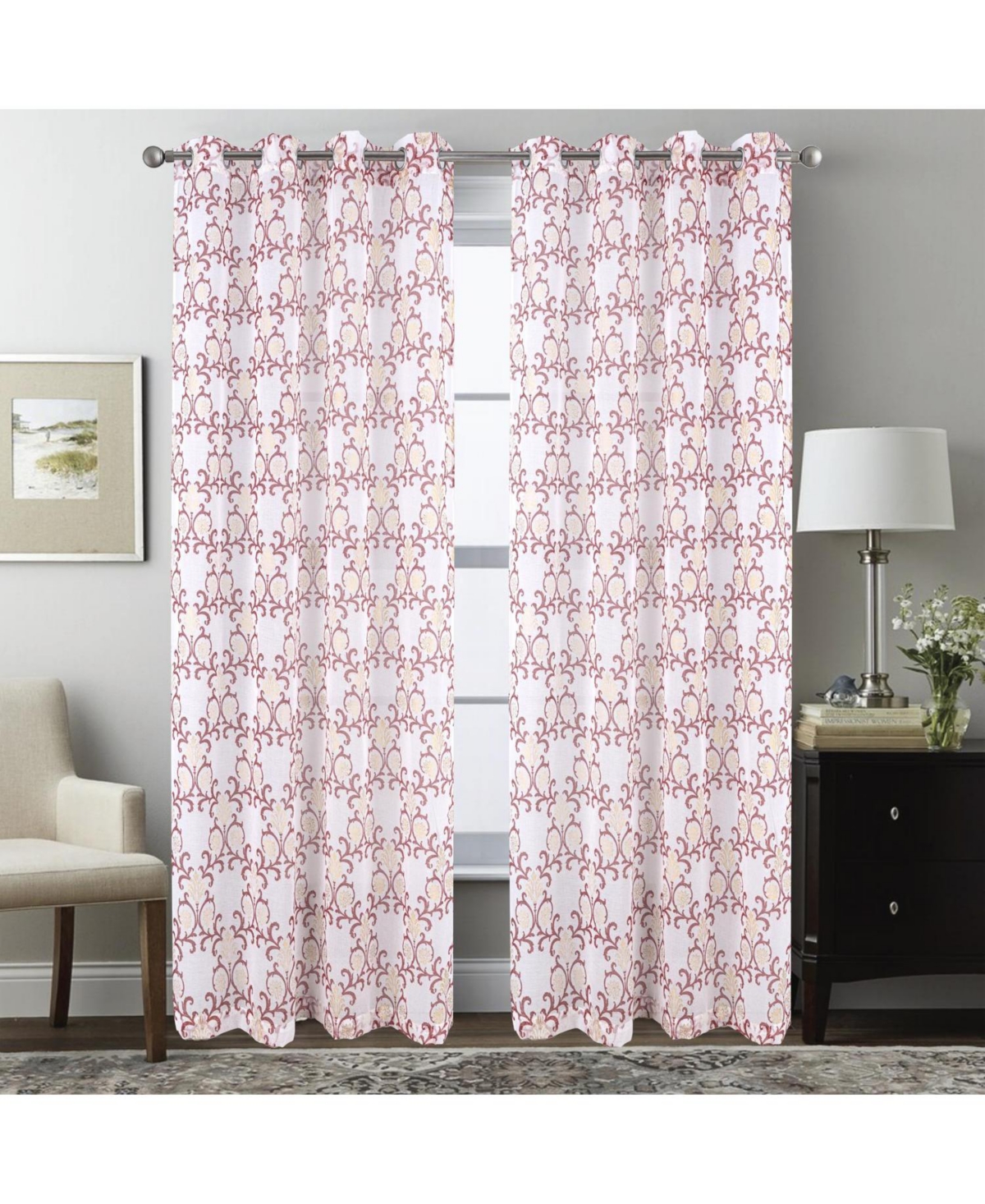 Rt Designers Collection Crown Grommet Metallic Sheer Printed Doily Curtain Panel Pair 36" x 84" Burgundy