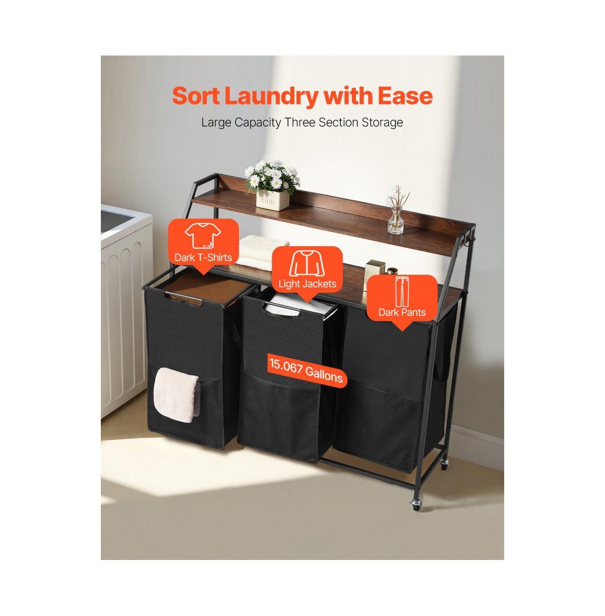 Slickblue Laundry Sorter on Wheels with 2 Tiers, 3 Bags, and Hooks