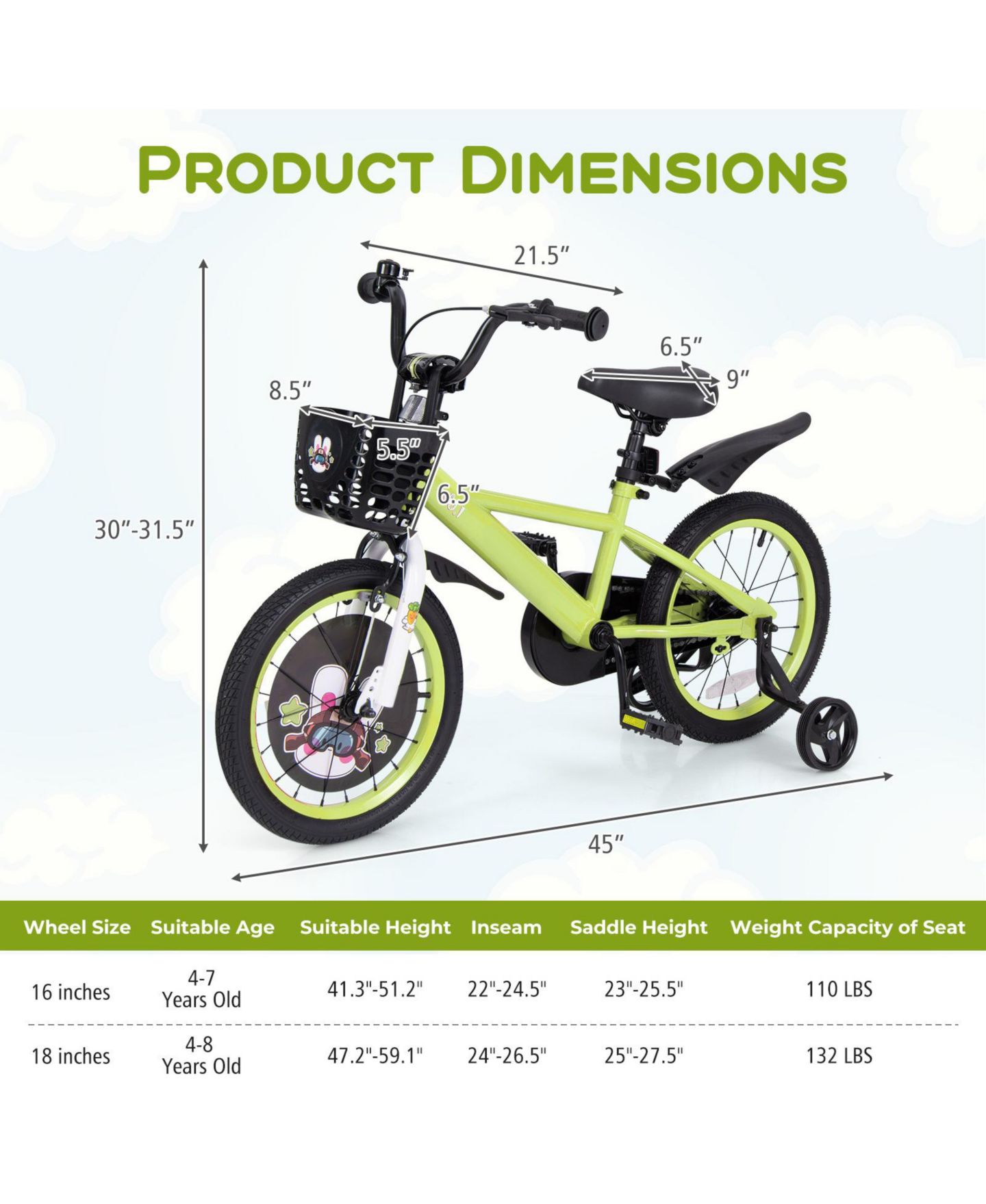 Детская игрушка SUGIFT 16 Inch Kids Bike, Adjustable with Detachable Training Wheels, Ages 3-8, цвет: Зелёный — фото 3