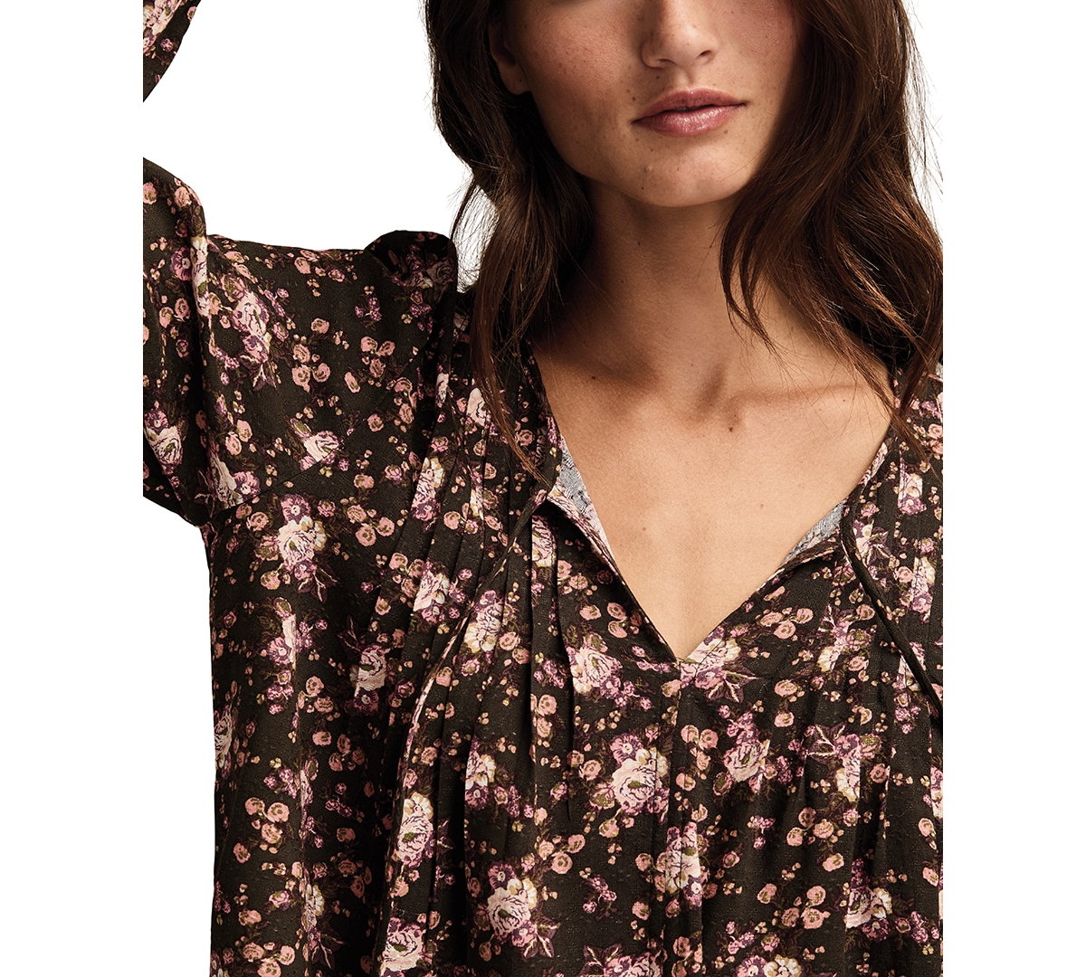 Lucky Brand Women's Pintuck Floral Peasant Top