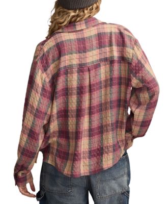Women's Cropped Plaid Drapey Long-Sleeve Shirt