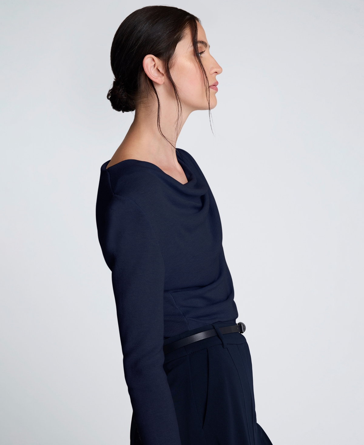 Kenneth Cole Asymmetrical Drape Front Long Sleeve Sweater In Blue