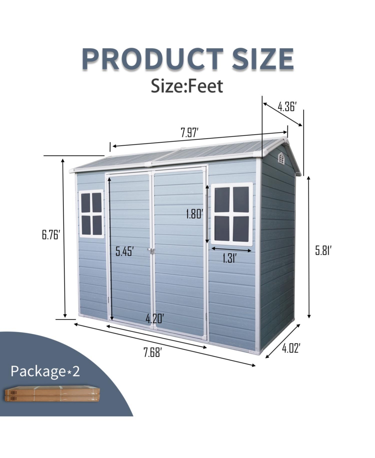 Streamdale 8x4 Outdoor Storage Shed - Double Door, Two Windows, Gray