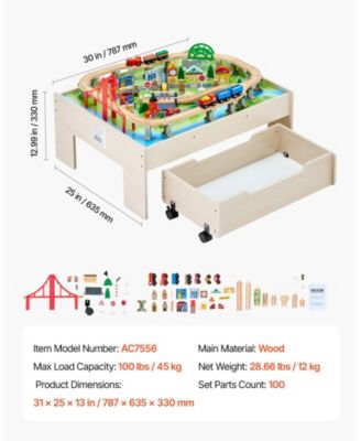3-in-1 Wooden Train Activity Table with 100 PCS and Rolling Drawer