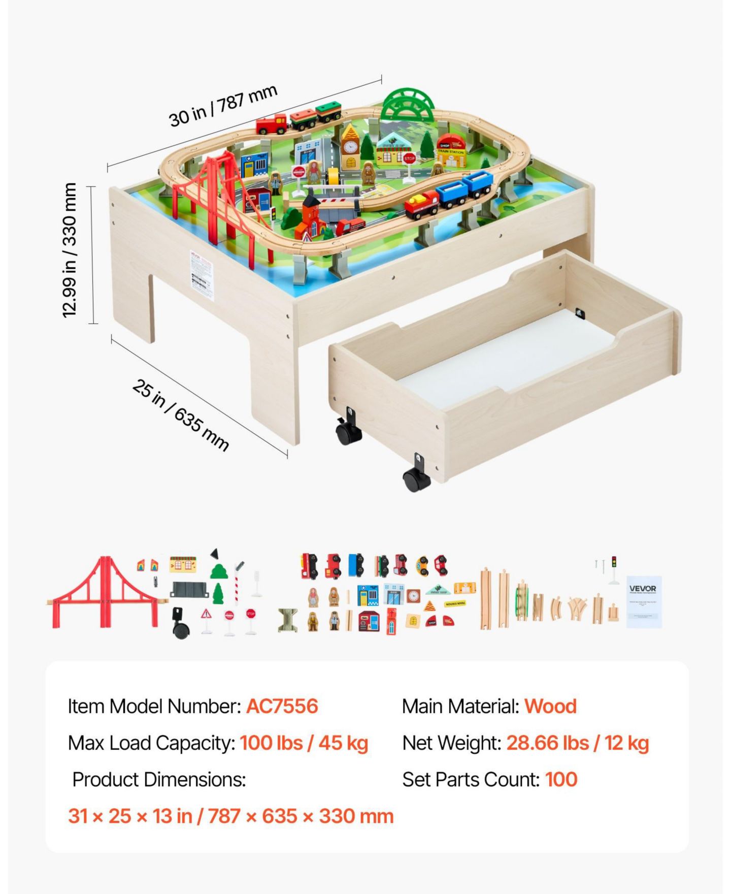 Детские игрушки Mecale 3-in-1 100-Piece Reversible Wooden Train Activity Table, цвет: Натуральный — фото 4
