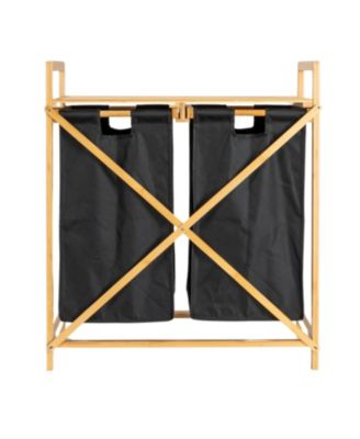 Bamboo Pull Out Double Hamper with Shelf, Natural and Black