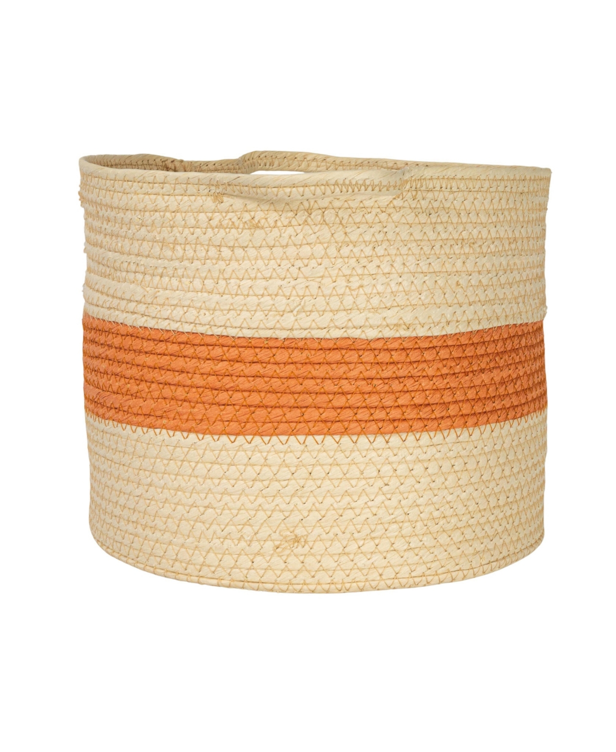 Household Essentials Round Handwoven Paper Rope Basket with Terracotta Stripe and Handles, Natural