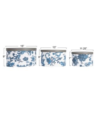 Floral Nestable Hat Boxes with Lids, Cream and Blue, Set of 3