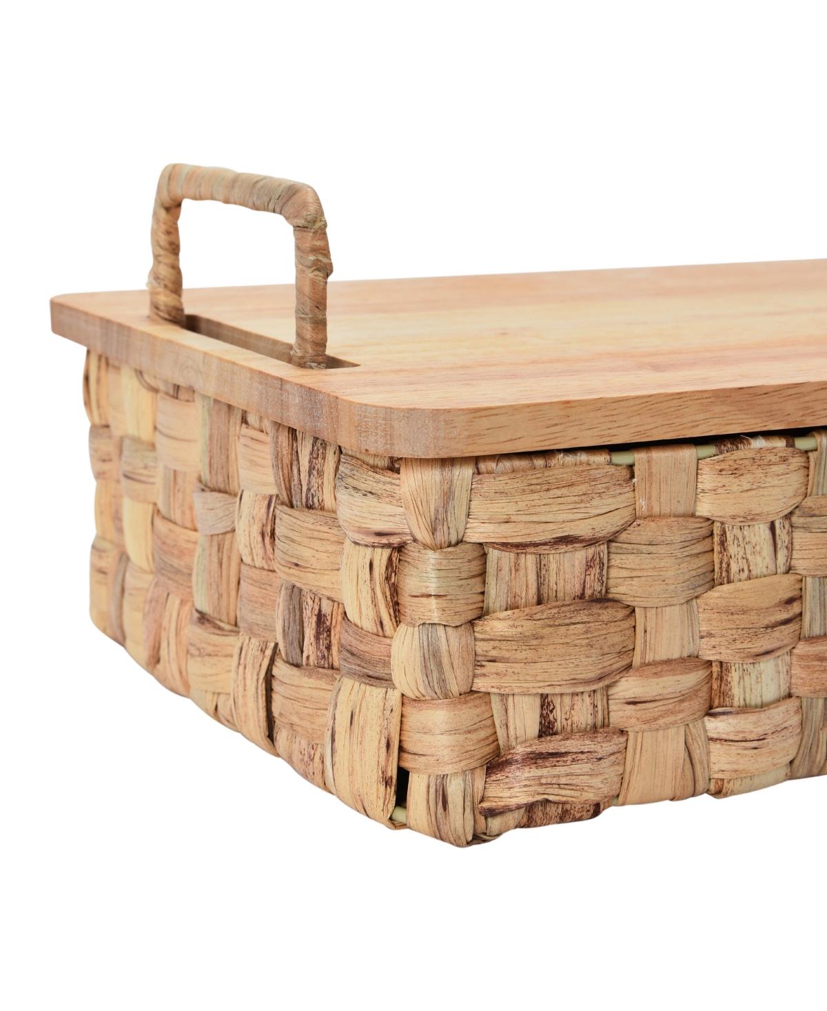 Household Essentials Stackable Hyacinth Baskets with Oak Lids, Natural Set of 2