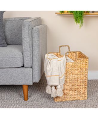 Square Handwoven Water Hyacinth and Seagrass Basket with Handles, Natural