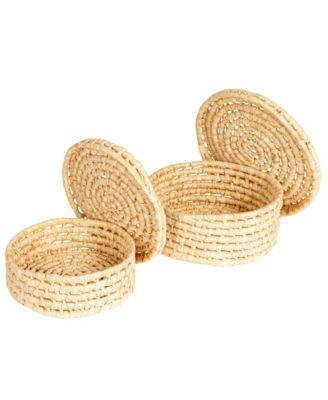 Handwoven Corn Leaf Nestable Baskets with Lids, Set of 2