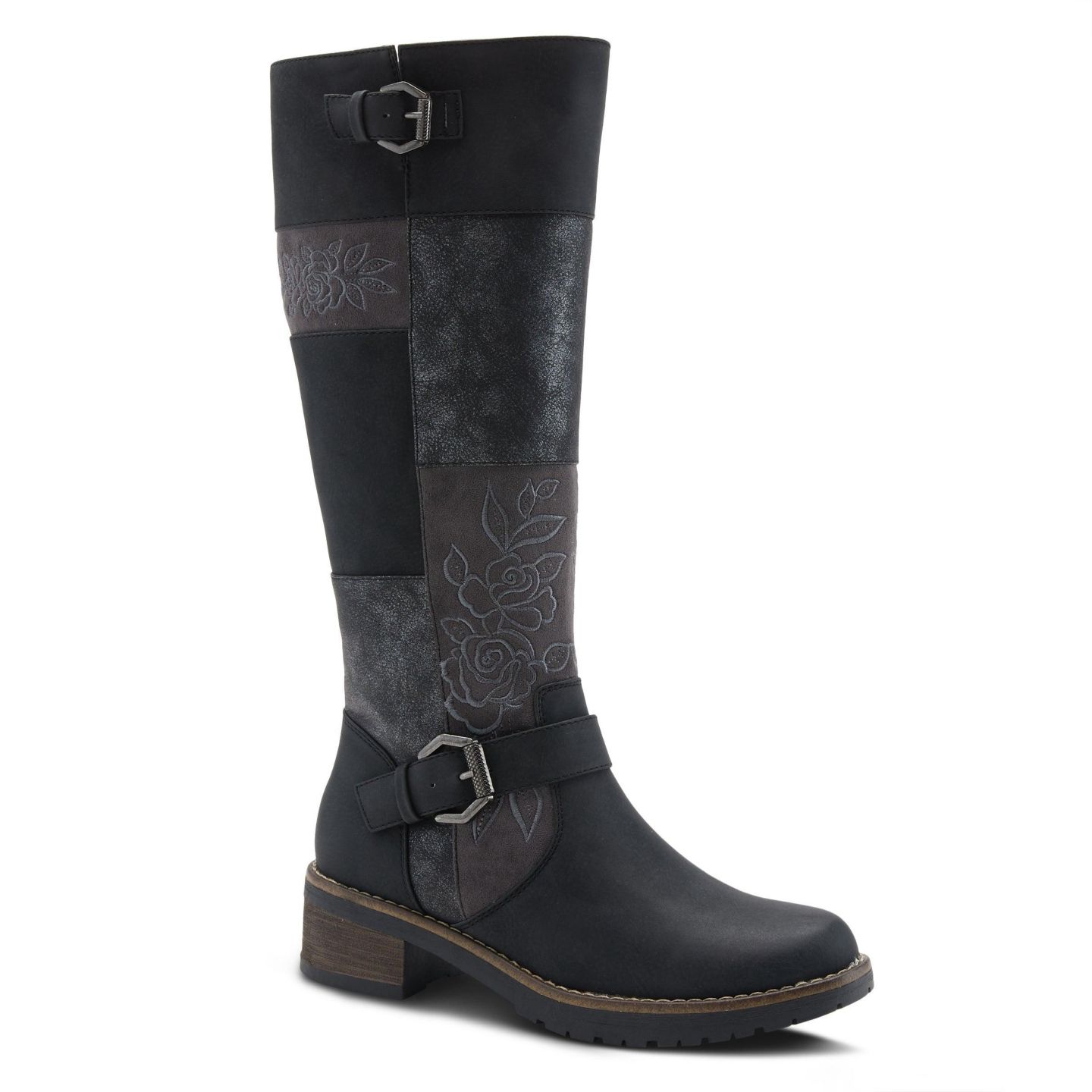 Женские ботинки Patrizia Collage Patchwork Knee-High Boots with Embroidery and Buckle Accents, цвет: Чёрный разноцветный — фото 1