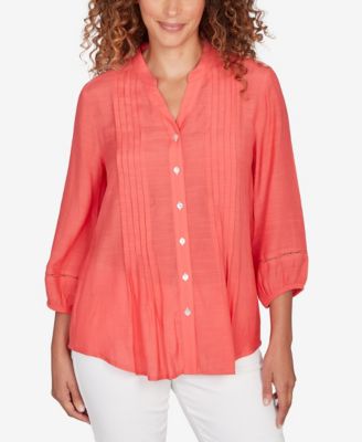 Petite Solid Silky Slub Pleated Button Front Top