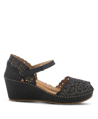 Women s GENNINA Embroidered Laser-Cut Peep-Toe Wedge with Adjustable Strap