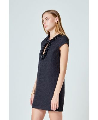 Women's Tweed Shift Dress with Floral Trim