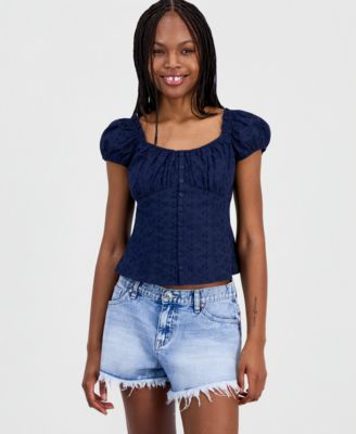 Juniors' Eyelet Short-Sleeve Button-Front Top