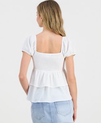 Juniors' Puff-Sleeve Tiered Babydoll Top