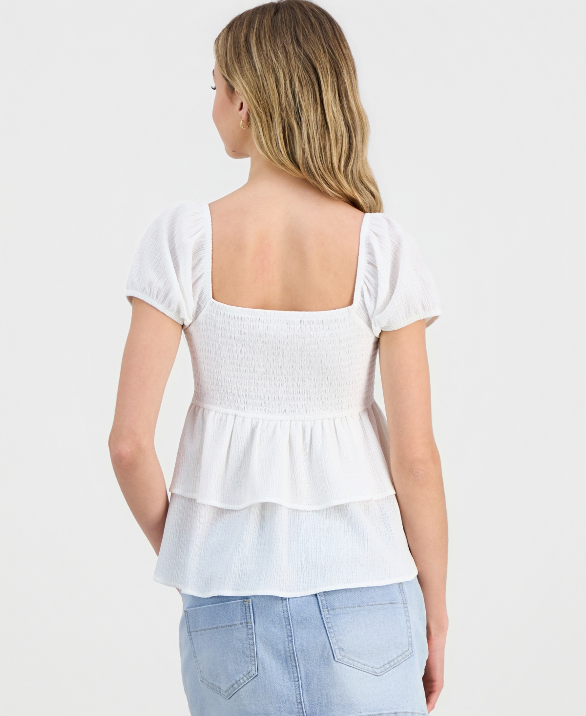 Madden Girl Juniors' Puff-Sleeve Tiered Babydoll Top