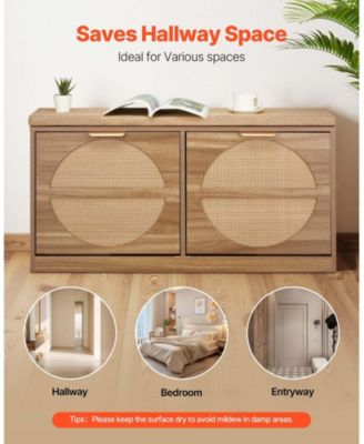 Entryway Shoe Bench with Flip Drawer and Rattan-Style Rack