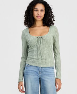 Juniors' Lace Textured Long-Sleeve Top