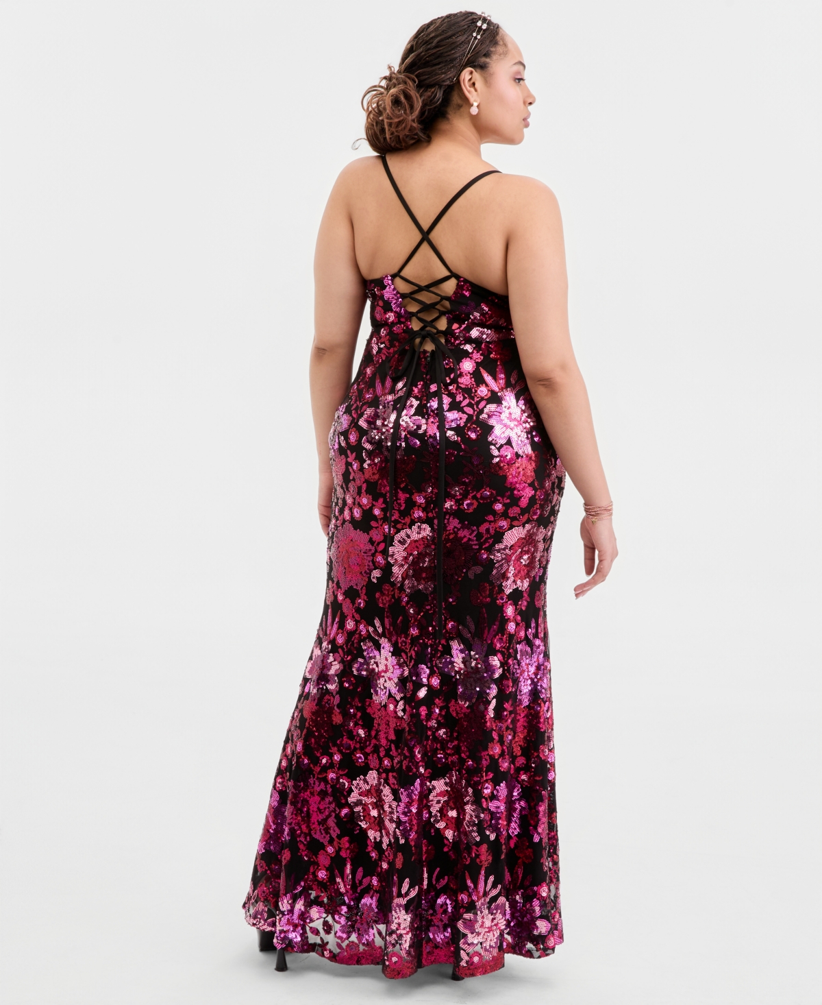 City Studios Trendy Plus Sequined Lace-Up-Back Gown