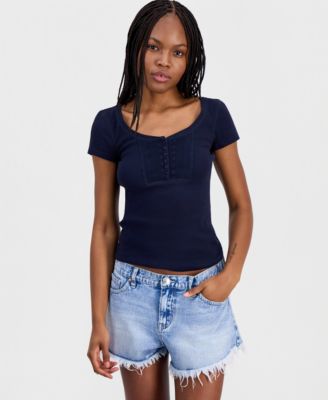 Juniors' Ribbed Lace-Yoke Top