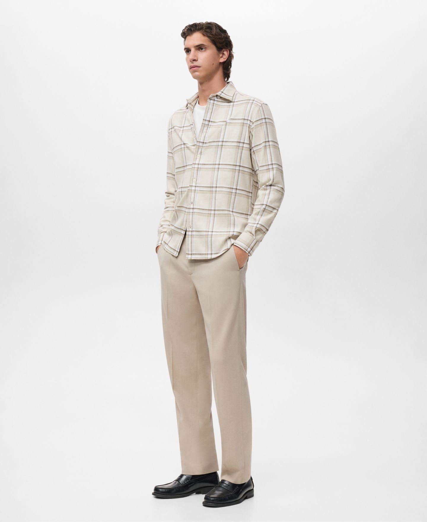 Мужская рубашка Mango Cotton Flannel Check Overshirt, цвет: Экрю — фото 7