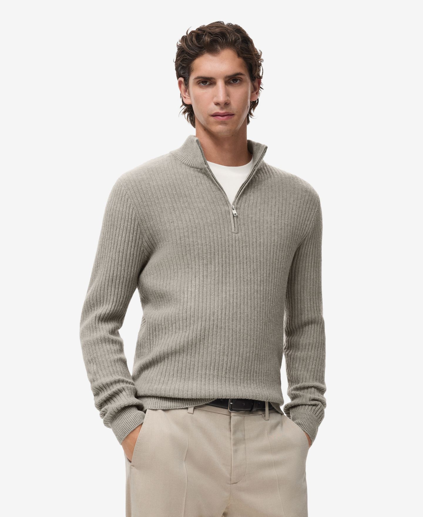 Мужской свитер MANGO Zip Neck Ribbed, цвет: Пастельный зелёный — фото 1