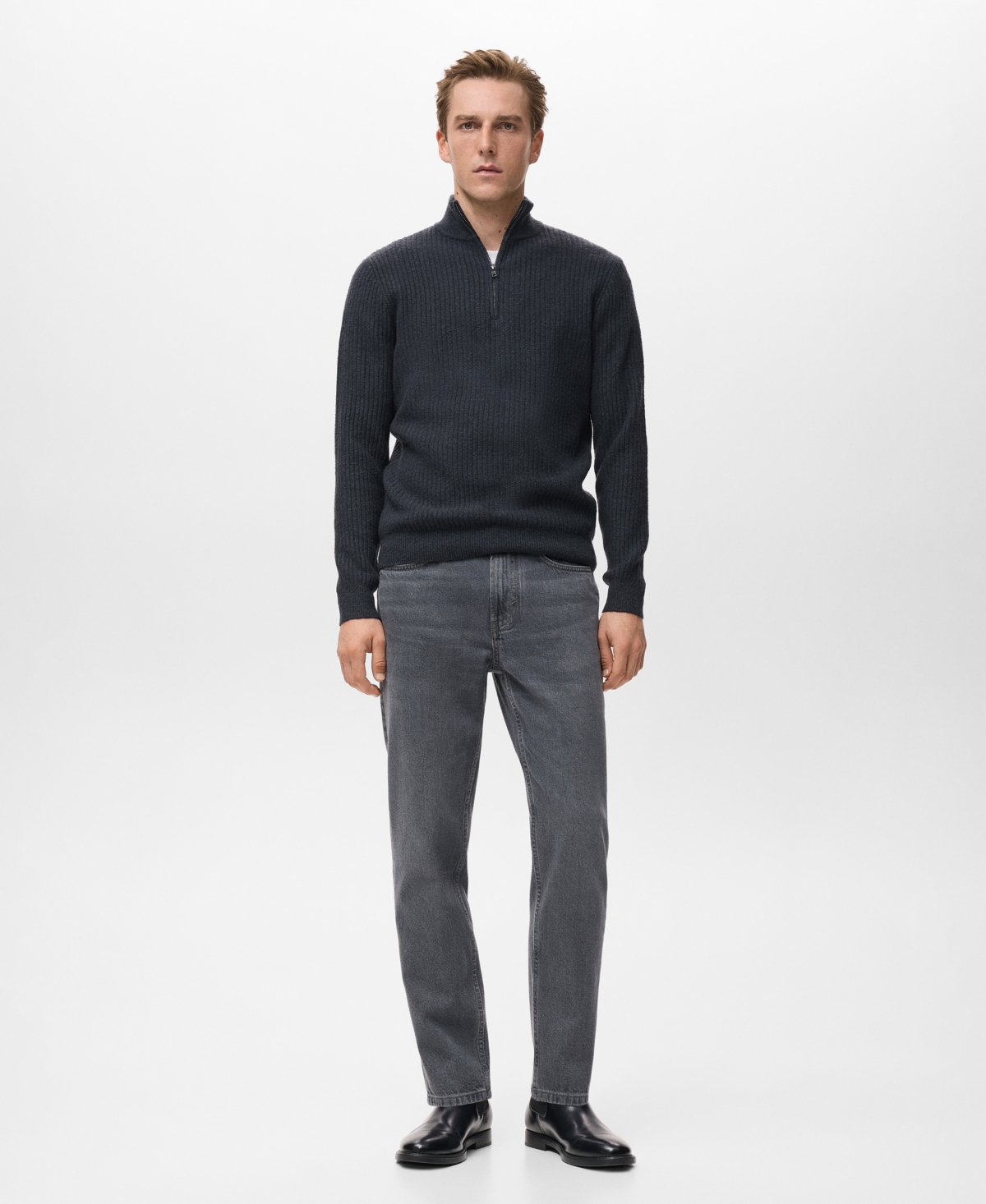 Mango Men's Zip Neck Ribbed Sweater