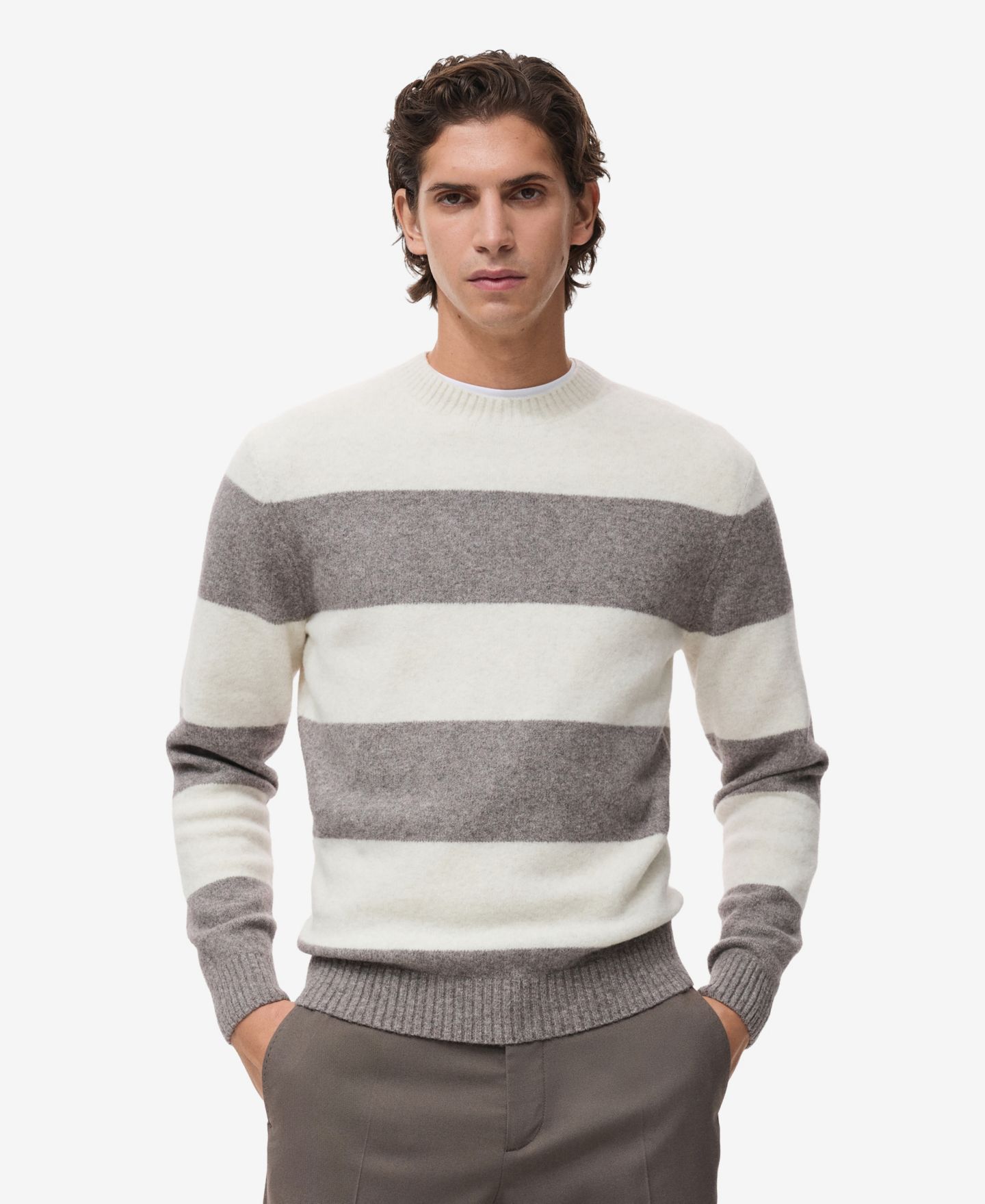 Мужской свитер MANGO Wool-Blend Striped, цвет: Экрю — фото 1
