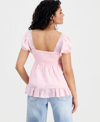 Juniors' Ribbon-Trim Puff-Sleeve Peasant Top