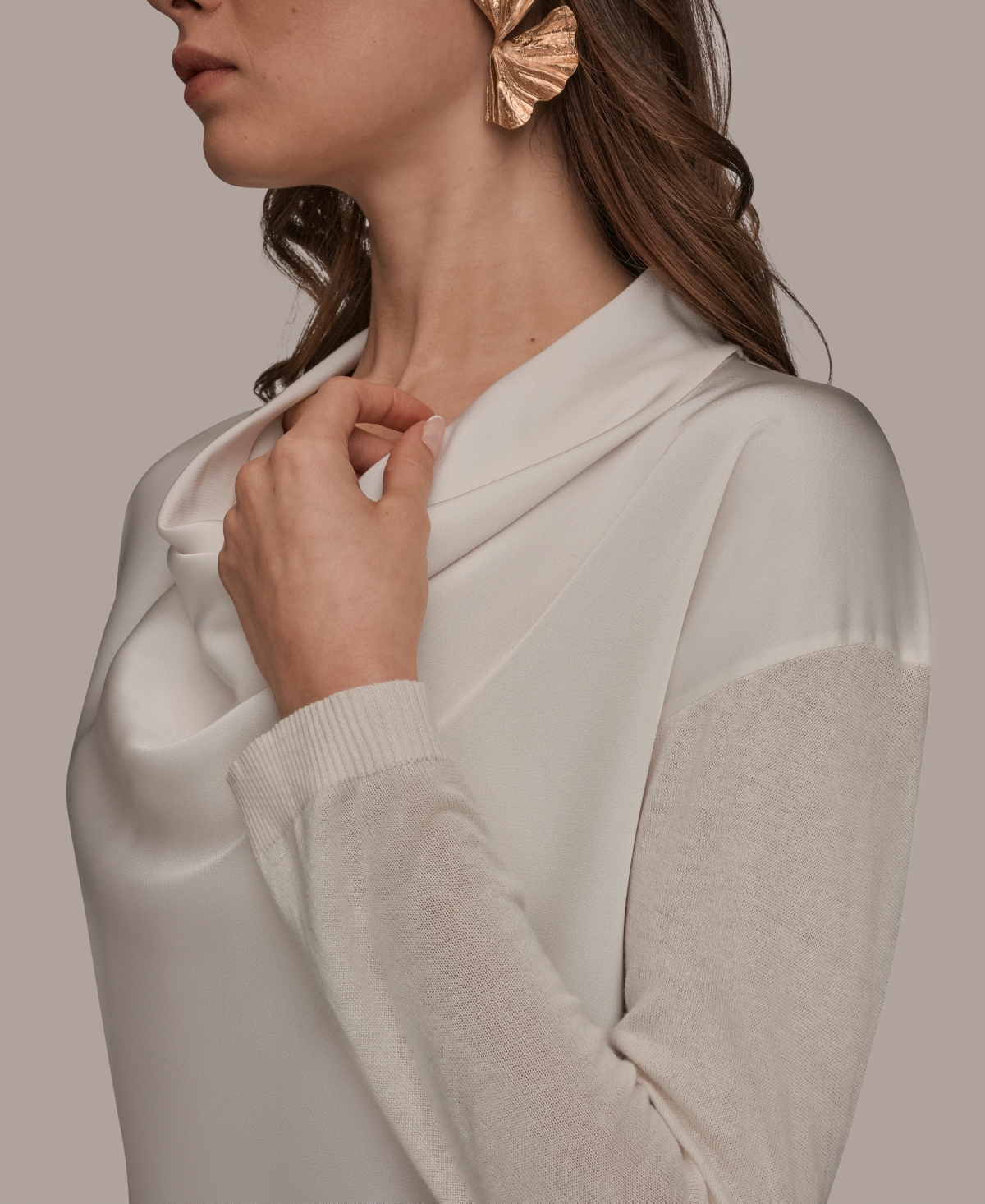 Donna Karan New York Women's Long-Sleeve Mix Media Cowl Front Top