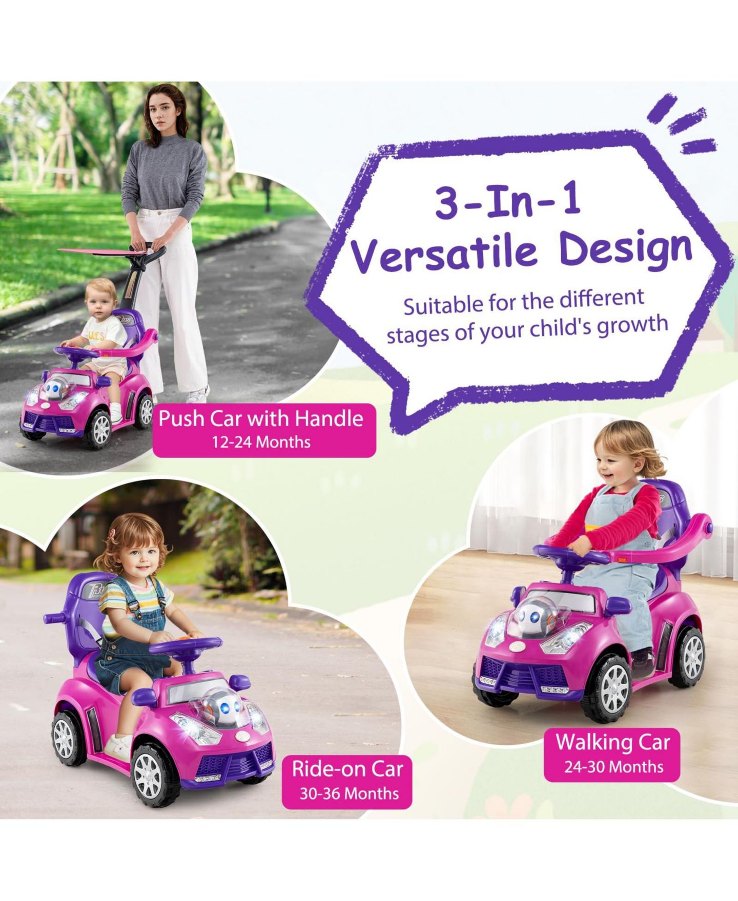 Детская игрушка Mecale 3-in-1 Push Car with Adjustable Canopy Ride-On, Ages 1+, цвет: Розовый — фото 5