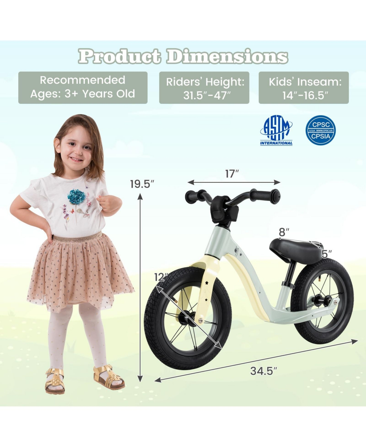 12-Inch Balance Bike with Adjustable Seat and Rotatable Handlebar for Over 36 Months Old