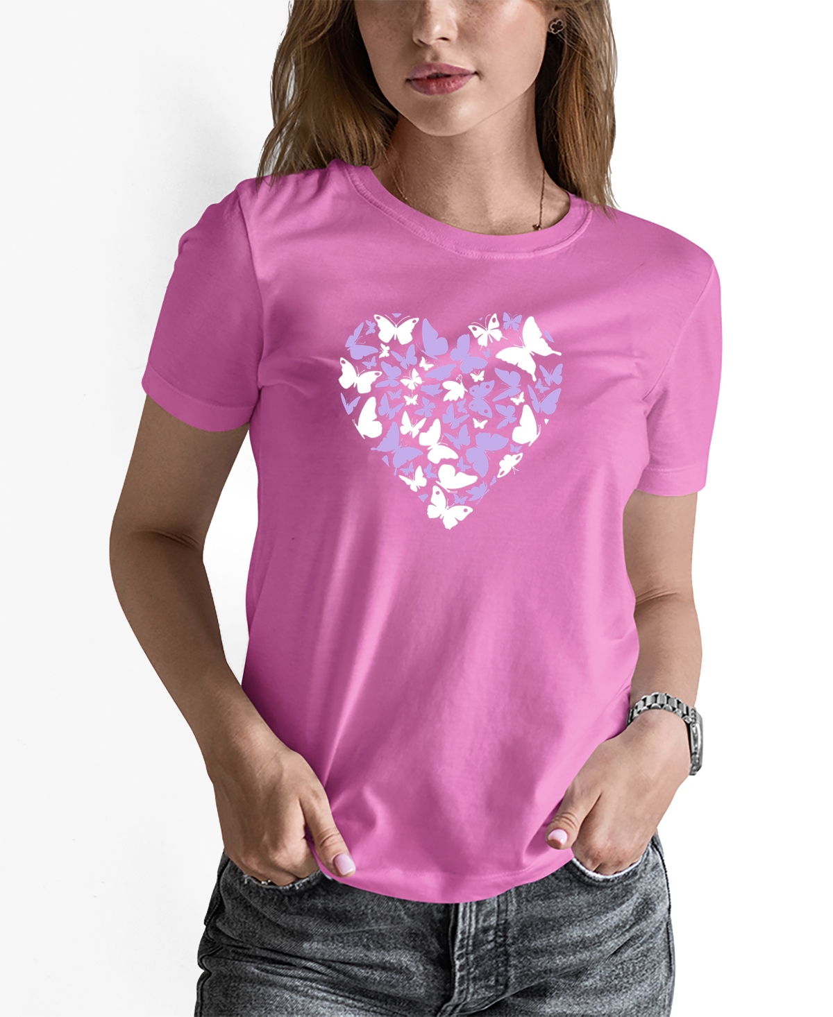 La Pop Art Women's Butterfly Heart Word Art Long Sleeve T-shirt In Pink
