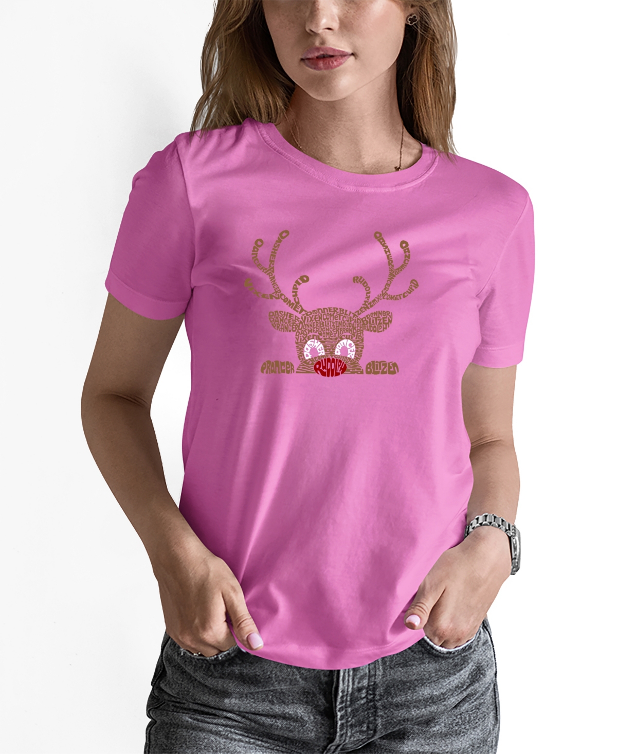 La Pop Art Women's Peeking Reindeer Word Art Long Sleeve T-shirt In Multi
