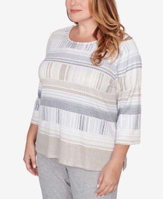 Plus Size Comfort & Joy Geometric Stripe Embellished Crew Neck Top