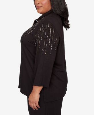 Plus Size Seville Heat Set Embellished Zip Mock Neck Top