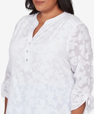 Plus Size St. Augustine Floral Jacquard Tie Sleeve Henley Top