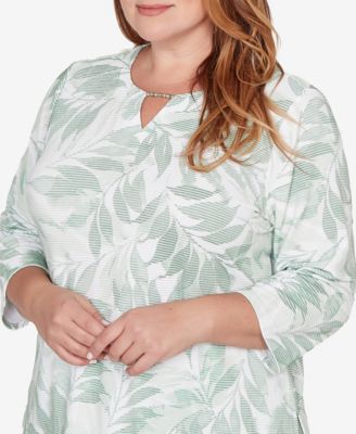 Plus Size St. Augustine Monotone Leaf Print Split Neck Top