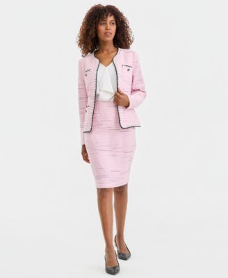 Women's Tweed Four-Pocket Open-Front Jacket, Sleeveless Ruffle-Front Blouse & Tweed Slim Pencil Skirt
