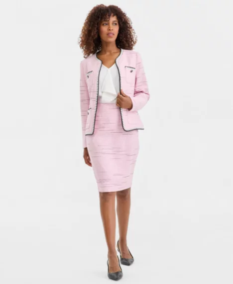Women's Tweed Four-Pocket Open-Front Jacket, Sleeveless Ruffle-Front Blouse & Tweed Slim Pencil Skirt - None