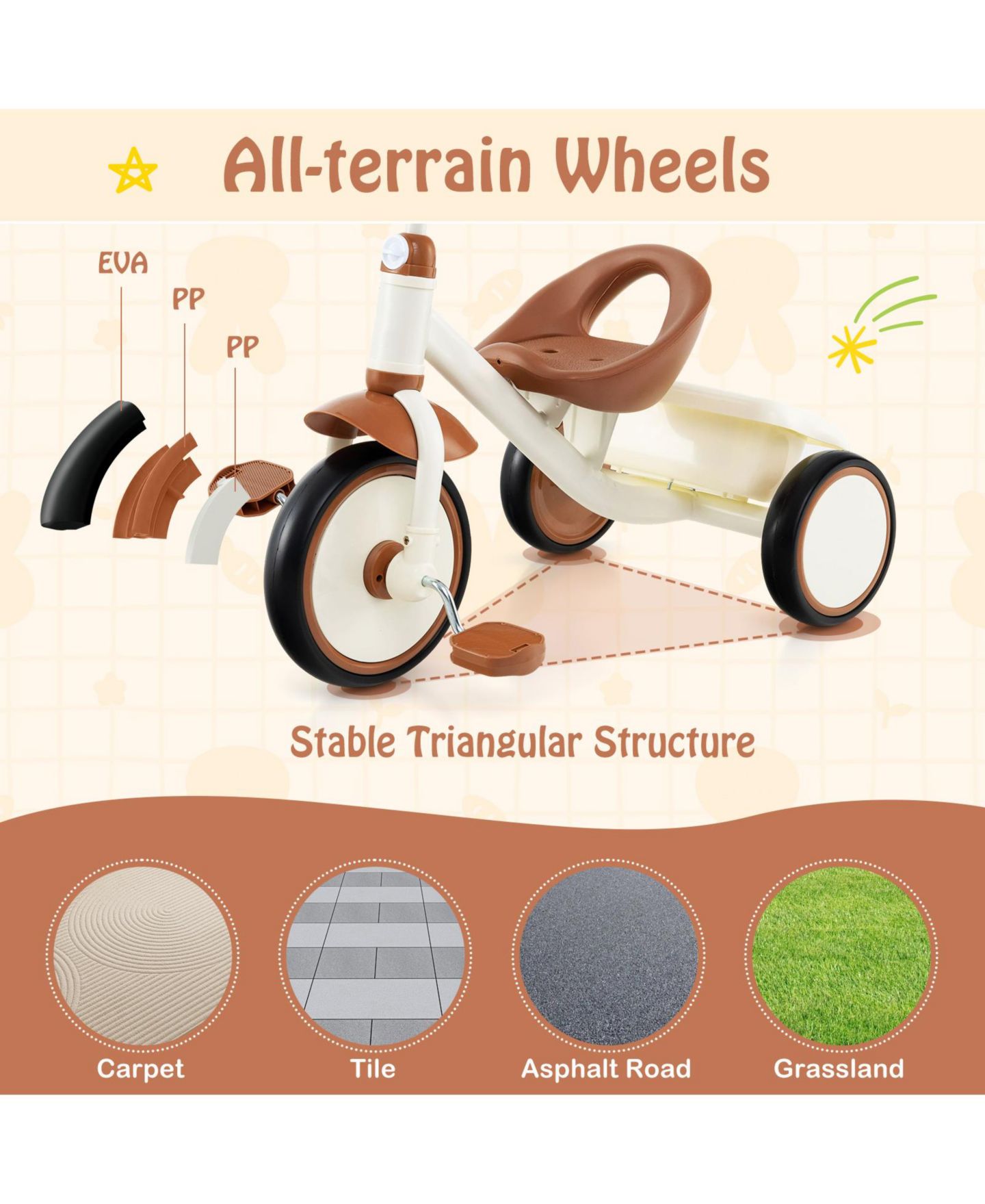 Детская игрушка SUGIFT Toddler Tricycle with Adjustable Seat and Rear Basket, Ages 3-5, цвет: Коричневый — фото 4