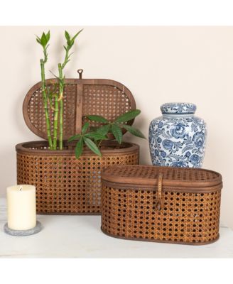 Modern Decorative Oval Woven Rattan Storage Boxes, Set of 2 Sizes, Dark Brown Finish